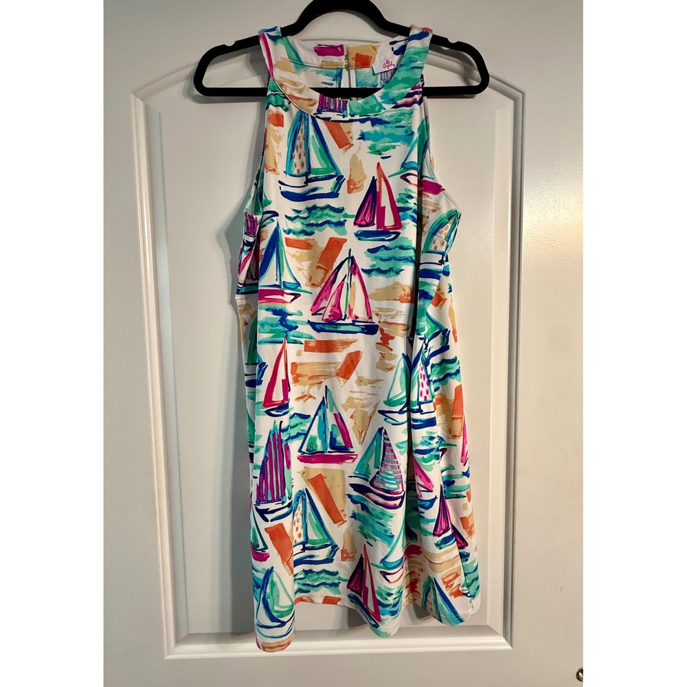 Aryeh Sailboat Print Dress XL Multicolor Nautical Halter Shift Preppy Beach